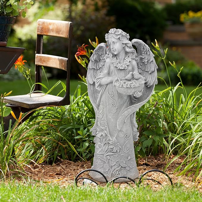 Outdoor Statues Angel Décor Garden Statue- 23.5" H Angel Statue,Resin Angel with Bird Figurine, Ideal for Yard, Patio, Deck, Home Entryway, and Hallway（Grey）