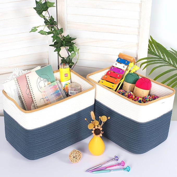 MINTWOOD Design 3-Pack Storage Baskets for Shelves, Playroom and Classroom Storage Basket, Book Basket, Decorative Storage Cube Bins, Woven Closet Organizers, Pantry and Shoe Organizer, Prussian Blue