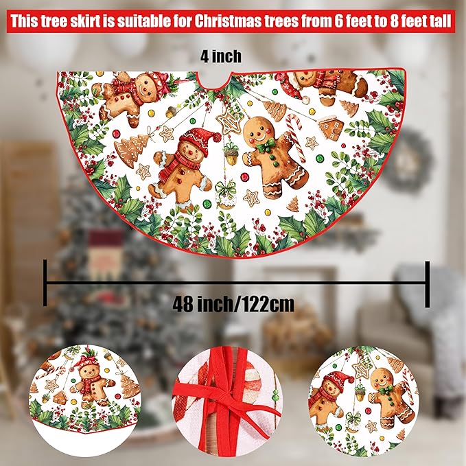 Baccessor Cute Gingerbread Man Christmas Tree Skirt 48 Inch, Merry Christmas Christmas Tree Skirt Collar for Xmas Winter Holiday Farmhouse Vintage Rustic Party Decoration