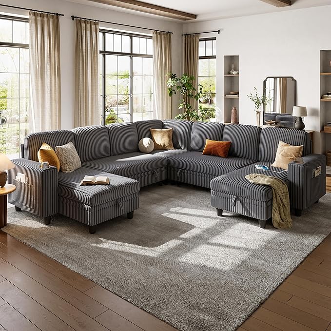 LINSY HOME Sectional Sleeper Sofa with Pull Out Couch Bed - Convertible Plush Corduroy Cloud Couch with Storage Chaise & USB Charging, Comfy Modular Couches for Living Room, Grey