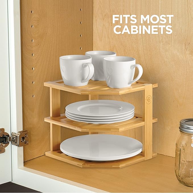 Cabinet Organizer Shelf - Bamboo Corner Rack for Kitchen Counter, Cabinet Space Saver for Plates, Dishes, Bowls, Bread - Pantry and Bathroom Storage or Countertop - Useful Home & Housewarming Gift
