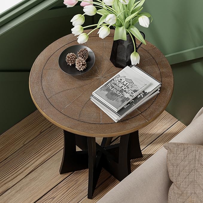 Farmhouse Round End Table X 2P with Criss-Cross Wood Legs, Rustic French Country Side Table for Dinning or Living Room, Modern, Black, Natural Wood, 23.62’’W*23.62’’D*23.22’’H