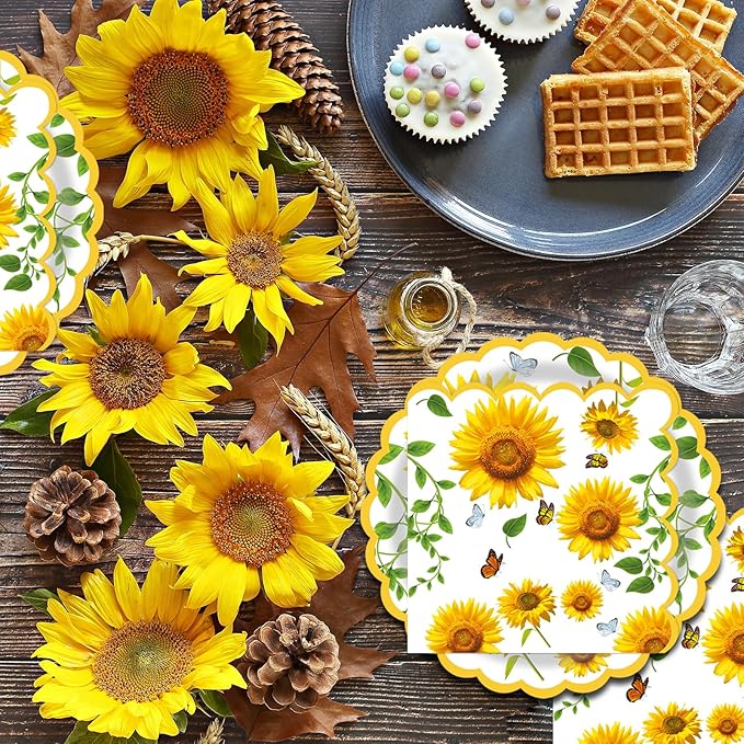 40 Pcs Sunflower Party Dessert Plates and Napkins Sets Fall sunflower 9" Paper Plates and 6.5" Napkins Party Supplies Tableware autumn Decoration For Birthday Picnic