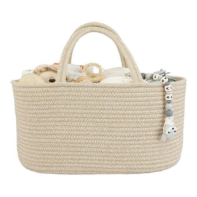 Large Baby Diaper Caddy Organizer for Girl Boy Rope Nursery Storage Bin Basket Portable Holder Tote Bag for Changing Table Car Travel Baby Shower Gifts Oatmeal