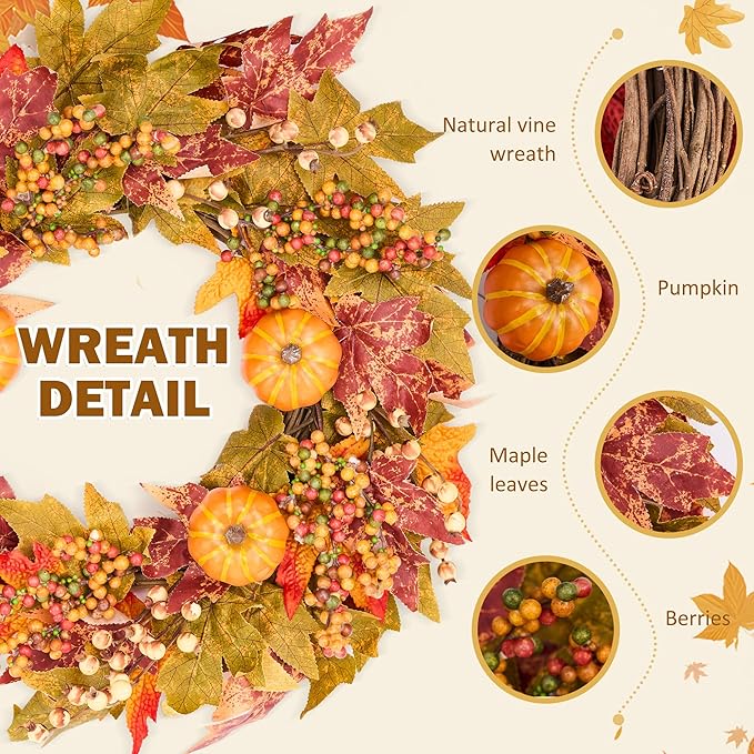 GENMOUS 24 Inch Fall Wreaths for Front Door, Autumn Maple Leaves Wreath for Home Porch Decor, Farmhouse Pumpkin Wreaths for Thanksgiving Halloween Harvest Festival Fall Decoration Outdoor Indoor Home