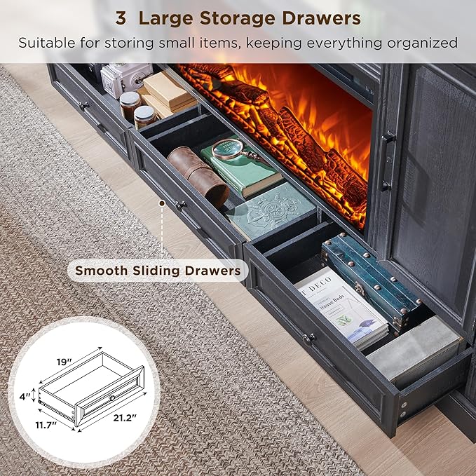 Fireplace TV Stand for 80 Inch TV, 35.7" Tall Farmhouse Entertainment Center W/36'' Electric Fireplace, Media Console with Large Storage Cabinets and Drawers for Living Room, Black