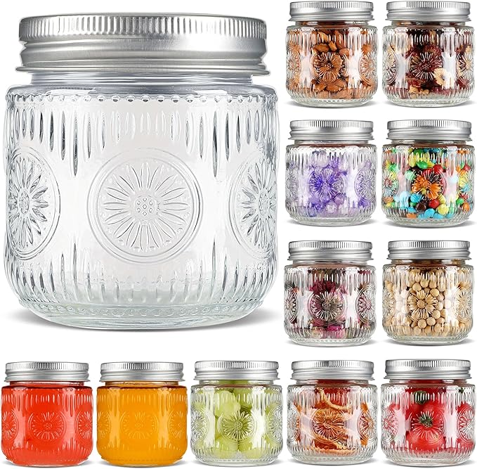 Mason Jars 8 oz - Vintage Small Glass Mason Jars with Silver Metal Lids, Regular Mouth Canning Jars, Safe For Storage, Canning, Pickling, Preserving, Fermenting, DIY Crafts & Decor (12Pack)