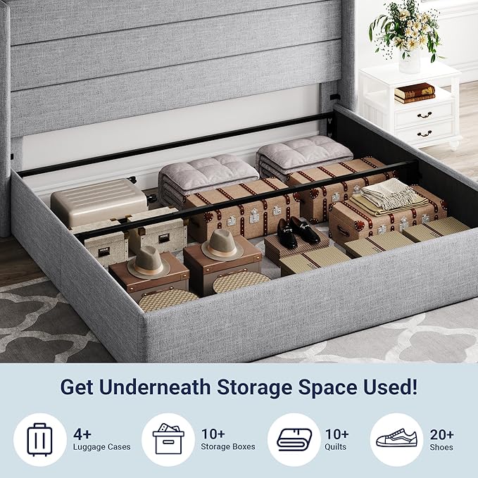 Allewie King Size Lift Up Storage Bed, Modern Wingback Headboard, Hydraulic Support, No Box Spring Needed, Light Grey