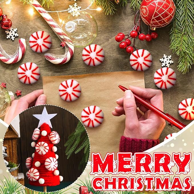 36 Pcs Felt Peppermint Decoration Christmas Wool Peppermints Christmas Arts Crafts Supplies, DIY Garland for Tree Home Vase Filler Decoration(Red)