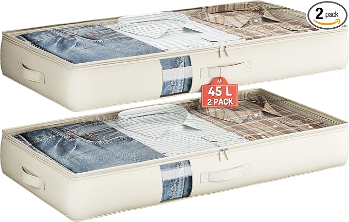 Under Bed Storage Containers with Window, Closet Organizers and Storage Bags, Foldable Underbed Storage Bags for Blankets, Clothing, Comforter, Linen Sheets, Wrapping Paper, 2 Pack, White Ivory