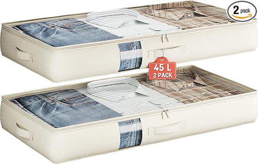 Under Bed Storage Containers with Window, Closet Organizers and Storage Bags, Foldable Underbed Storage Bags for Blankets, Clothing, Comforter, Linen Sheets, Wrapping Paper, 2 Pack, White Ivory