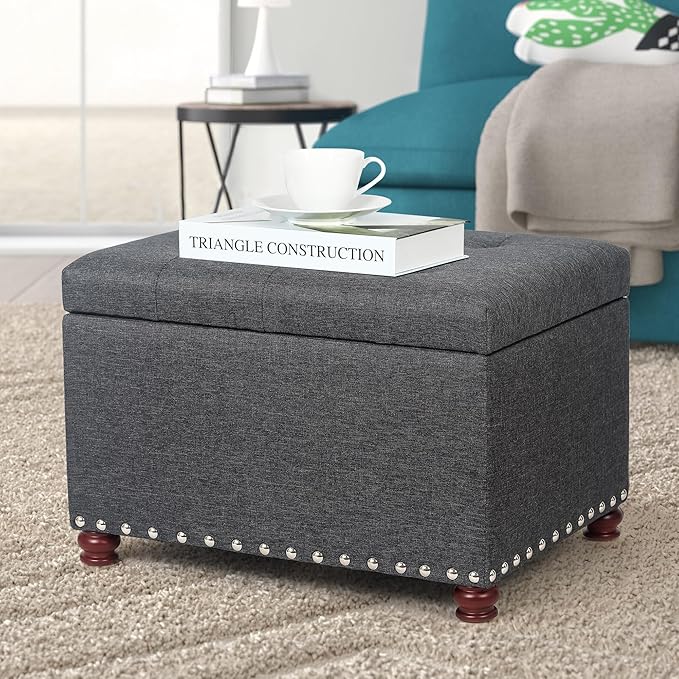 Joveco Storage Ottoman Linen Tufted Bench with Rivet, Rectangular Footrest Stool Coffee Table Seat for Living Room Bedroom, Grey