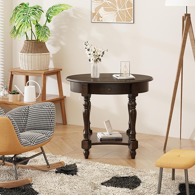 MODERION Oval End Table with Drawer, Solid Wood Sofa Side Table with Storage Shelf, Traditional Living Room Corner Table, Nightstand, Easy Assembly 28” x 22” x 24” Retro Walnut CJZ2233DC