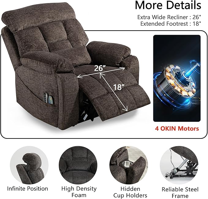 4 OKIN Motor Power Lift Recliner Chair for Elderly Adults Extra Large Lay Flat Recliners with Massage Heat, Adjustable Head-Back-Lumbar-Leg-Support, Extended Footrest, 2 Cup Holders