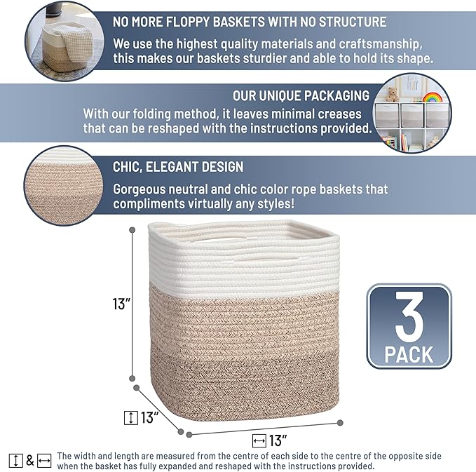 NaturalCozy 13 Inch Cube Storage Bins Cotton Rope Woven Baskets for Organizing 3-Pack | 13 x 13 Storage Cubes | Fabric Square Storage Baskets for Shelves Organizer, Kids Toy Bins, Closet Baby Nursery