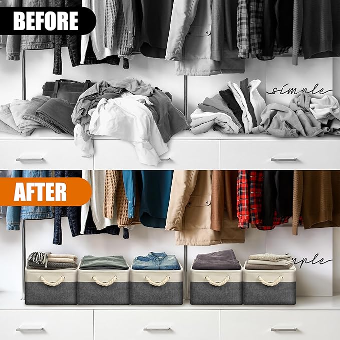 SIMPLE HOUSEWARE Large Fabric Storage Bin, 15.7" x 12" with Braided Handles, 3 Pack, Dark Gray