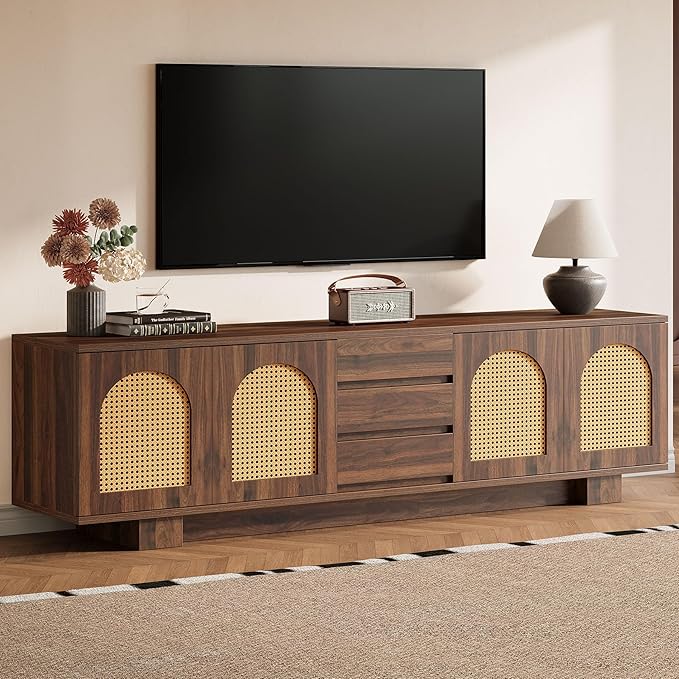 Tribesigns 70.9" TV Stand for TVs up to 80 Inches, Mid-Century Modern Entertainment Center with Storage and Drawers, Rattan Media Console TV Cabinet for Living Room, Bedroom, Walnut