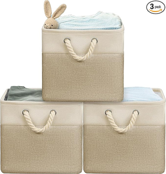 SIMPLE HOUSEWARE Fabric Storage Cubes, 13" x 13" Storage Bin, 3 Pack, Beige