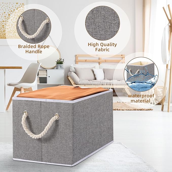 Yawinhe Collapsible Storage Bins 1-Pack, Large Fabric Baskets with Rope Handle, Organizers for Shelves, Closets, Clothes, 16.53''Lx11.81''Wx10.23''H, Grey