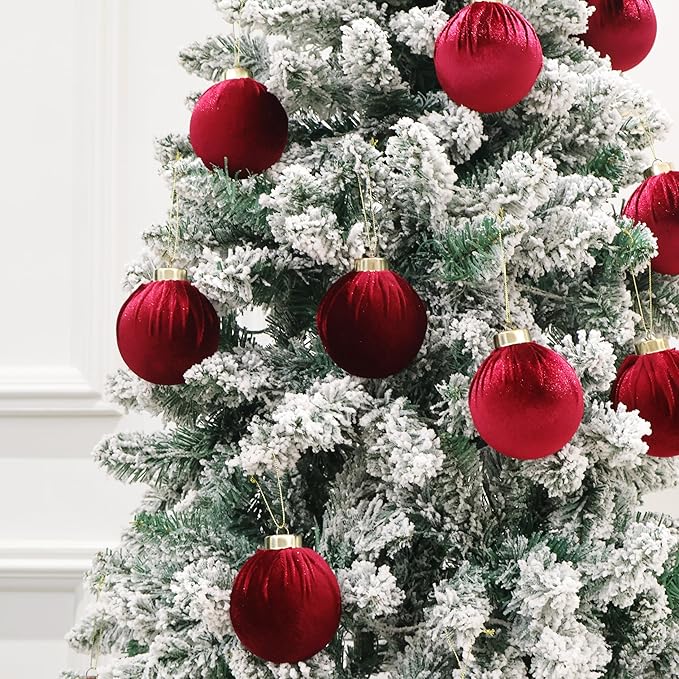 6inch Big Burgundy Velvet Christmas Ornaments, 2pcs Flocked Ornaments Balls Sets for Christmas Tree Decorations