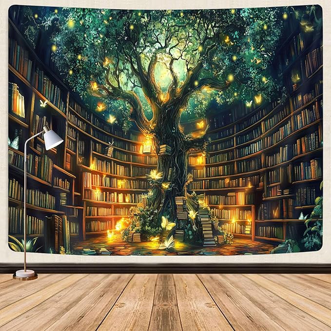 Fantasy Library Tapestry, Fairytale Tree Magic Bookshelf Aesthetic Tapestries for Classroom, Witchy Fairy Tree Mysterious Vintage Bookshelf Book Art Tapestry Wall Hanging College Room Bedroom, 40"X30"
