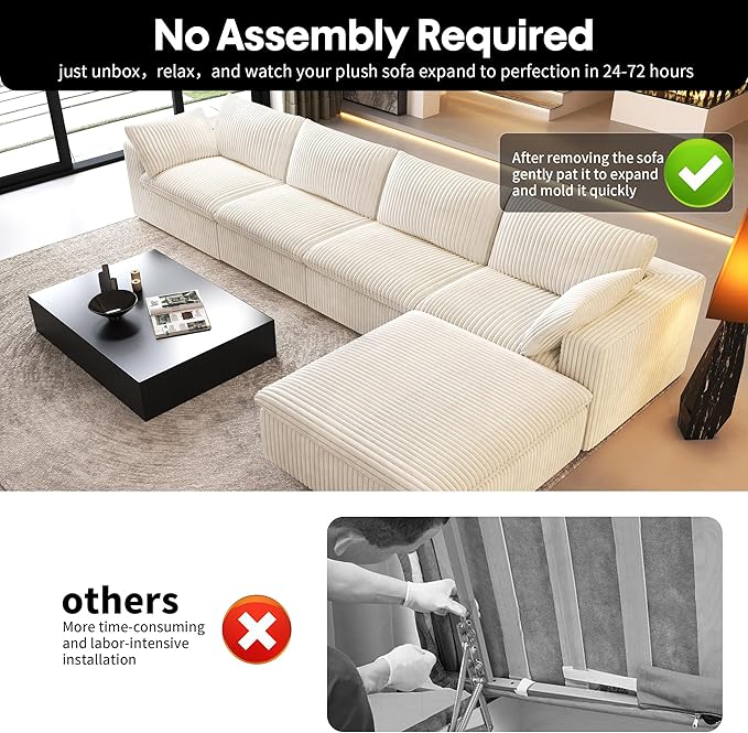 157.5" L Shaped Modern Sofa Modular Sectional Cloud Couch with Ottoman,Deep Seat Upholstered Couches with Corduroy Fabric for Living Room Furniture,Bedroom and Apartment,No Assembly Required,White