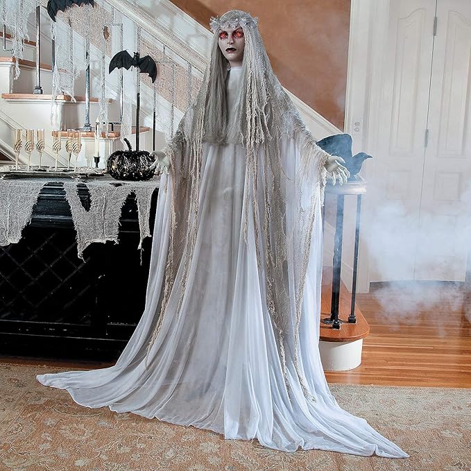 Fun Express Standing Ghost Girl Halloween Decoration, 5 feet 7 inch, Plastic and Metal, Flashing Red Eyes with Tatterered Gown, Great for Indoor, Outdoor and Porch Halloween Spooky Decor - White