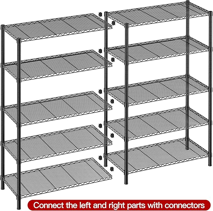 REIBII 5 Tier Wire Shelving Storage Shelves Loads 1430LBS, 58" W Metal Shelving Unit for Storage Adjustable Heavy Duty Garage Shelving Pantry Shelves Kitchen Shelving, Black, 2 Pack
