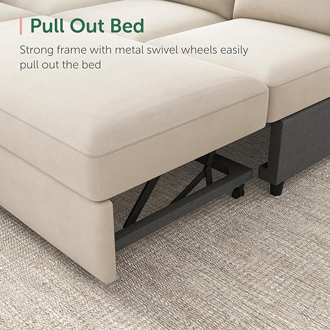 HONBAY Sectional Couch with Pull Out Bed, Sectional Sleeper Sofa with Storage, U Shape Couches for Living Room, Velvet Beige