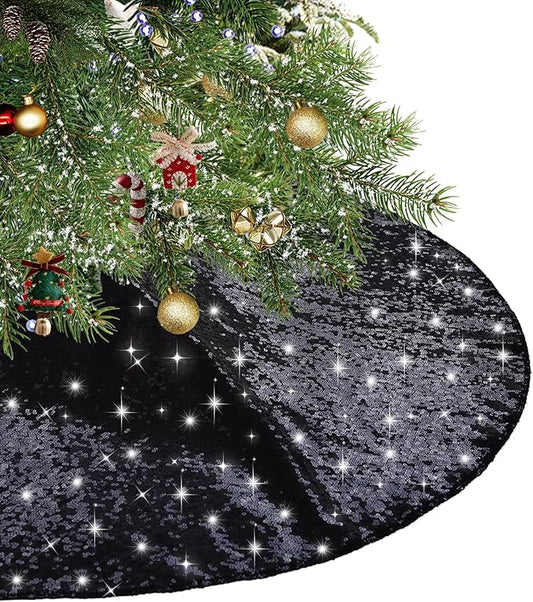Eternal Beauty Christmas Tree Skirt, 50 Inch Black Halloween Sequin Tree Skirt Small Xmas Tree Skirt for Christmas Tree Decorations