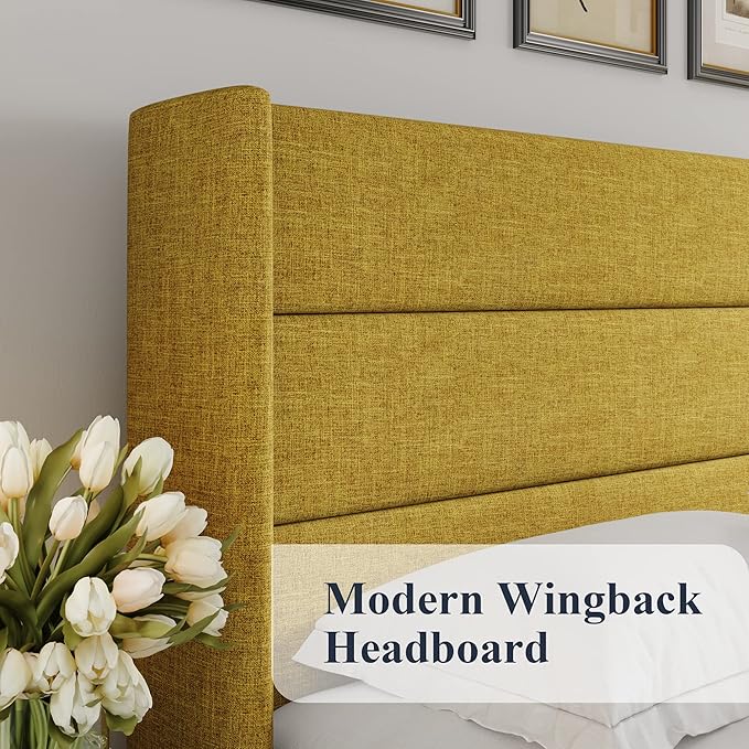 Allewie Queen Size Lift Up Storage Bed, Modern Wingback Headboard, Hydraulic Support, No Box Spring Needed, Olive Yellow