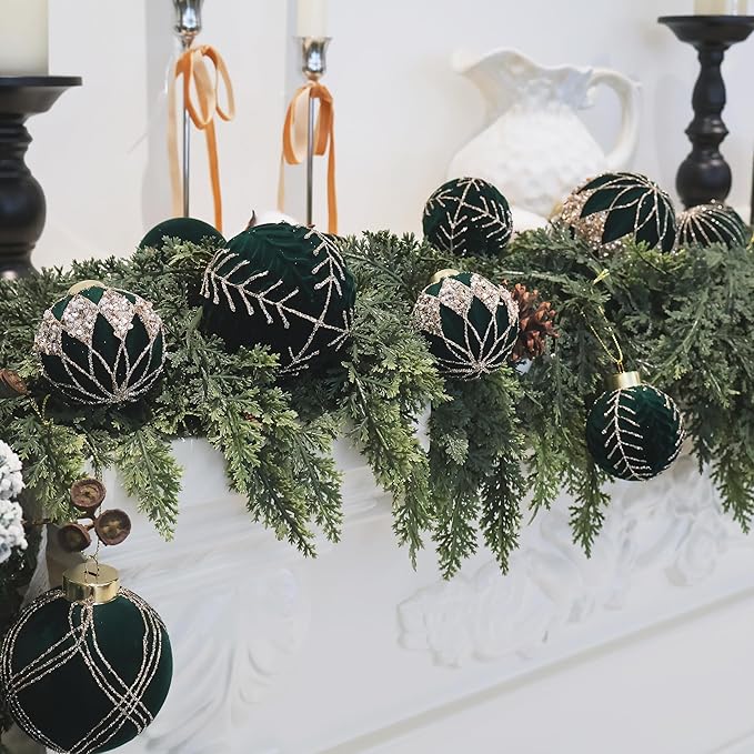 3.15INCH Green Velvet Ornaments for Christmas Tree, 12PCS Glitter Flocked Christmas Ornaments Decorations Balls Set Decor