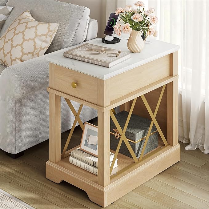 YITAHOME Farmhouse End Table, Side Table with Power Outlets, Nightstand with Drawer and Open Storage, Rustic End Table for Living Room, Sleeping Room, Natural Walnut