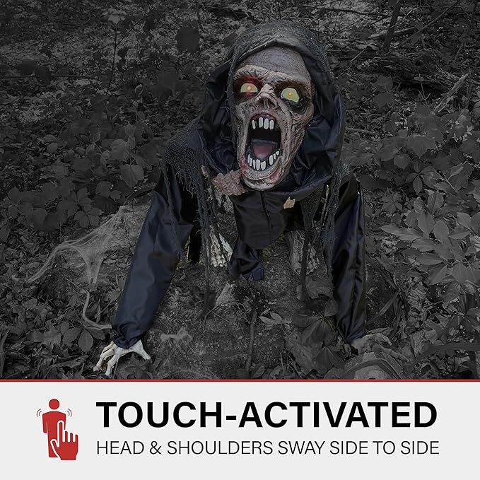 Haunted Hill Farm Scary Crouching Zombie, Halloween Animatronic with Touch Activated Lights and Sounds, Battery Operated Indoor or Covered Outdoor Halloween Decorations, Creepy Halloween Props
