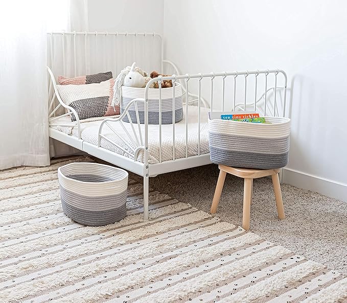 OrganiHaus Set of 3 Grey Woven Baskets for Organizing, Cotton Rope Basket for Decor, Shoe Basket Organizers & Storage, Decorative Storage Baskets & Bins, Cute Storage Basket for Toys & Cloths