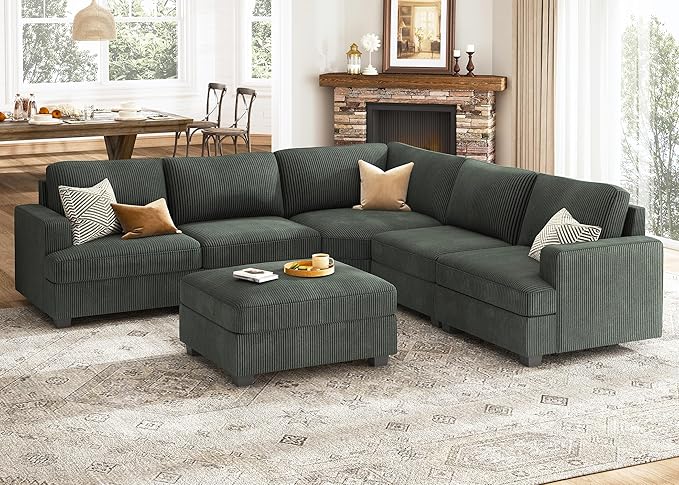 Nolany Sectional Sofa with Storage Ottoman, U Shape Couch with Chaise, Corduroy Modular Sectional Couch for Living Room, Green