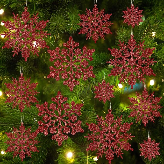 36pcs Red Christmas Snowflake Ornaments, Plastic Glitter Hanging Snow Flakes for Christmas Tree Decorations Winter Wonderland Frozen Birthday Party Holiday Home Decor Craft Snowflakes