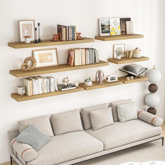 RICHFOCUS 55Inch Floating Shelves for Wall 2 Pack Shelves for Bedroom|Kitchen|Bathroom Wall Mounted Rustic Wood Floating Shelf with Invisible Brackets for Books|Storage|Decor, Oak