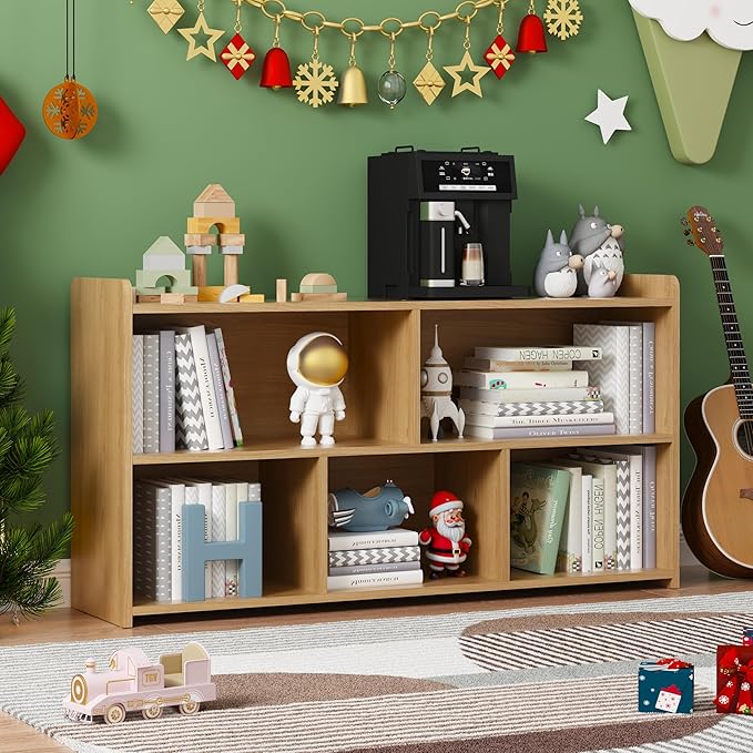 Book Shelf Set of 2, 5 Cubes Storage Organizer, Open Shelf Wooden Bookcase, Freestanding Log Bookshelf Cube Shelf for Bedroom, Living Room, Home Office