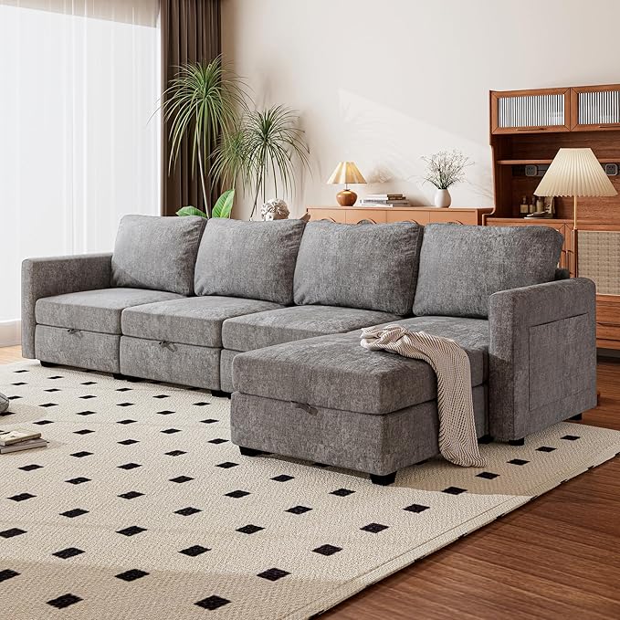 mestyl Modular Sectional Sofa Convertible L Shaped Sofa Couch Set with Storage for Living Room, Modern 4 Seater Modular Sectional Couch with Movable Ottoman (Grey)
