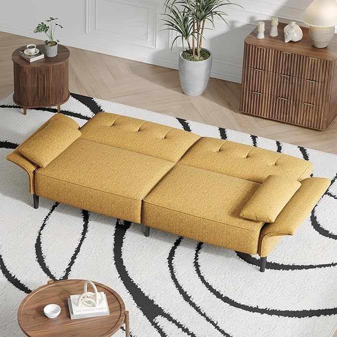 89” Futon Sofa Bed, Linen Comfy Futon Couch Bed with 2 Square Pillows, Convertible Sleeper Sofa with Adjustable Backrest& Armrests, Modern Loveseat Sleeper for Living Room, Bedroom, Yellow