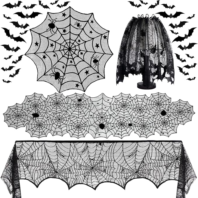 5Pack Halloween Decorations Indoor Halloween Decor Black Lace Table Runner Fireplace Mantel Scarf Round Tablecloth Cobweb Lampshade with 32 Pcs 3D Bat Wall Stickers