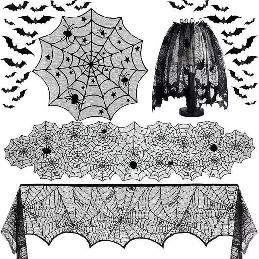 5Pack Halloween Decorations Indoor Halloween Decor Black Lace Table Runner Fireplace Mantel Scarf Round Tablecloth Cobweb Lampshade with 32 Pcs 3D Bat Wall Stickers