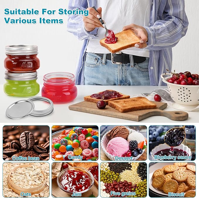 Mason Jars 4oz - 24Pack Glass Jars with Leak Proof & Food Grade Canning Jars for Spices, Dry Food Storage & DIY Crafts, Perfect for Home Cooks, Meal Prep, and Crafting Enthusiasts