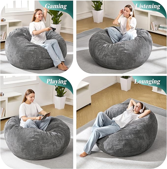 3.5FT Bean Bag Chairs Teardrop Bean Bag Chair for Adults Beanbag Chair with Memory Foam Filled Machine Washable Cover for Living Room, Bedroom (Large,Grey)