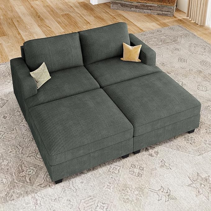 Nolany Corduroy Sectional Couch with Storage Ottoman, Sleeper Sectional Sofa, Modular Sectional Couches for Living Room, Green