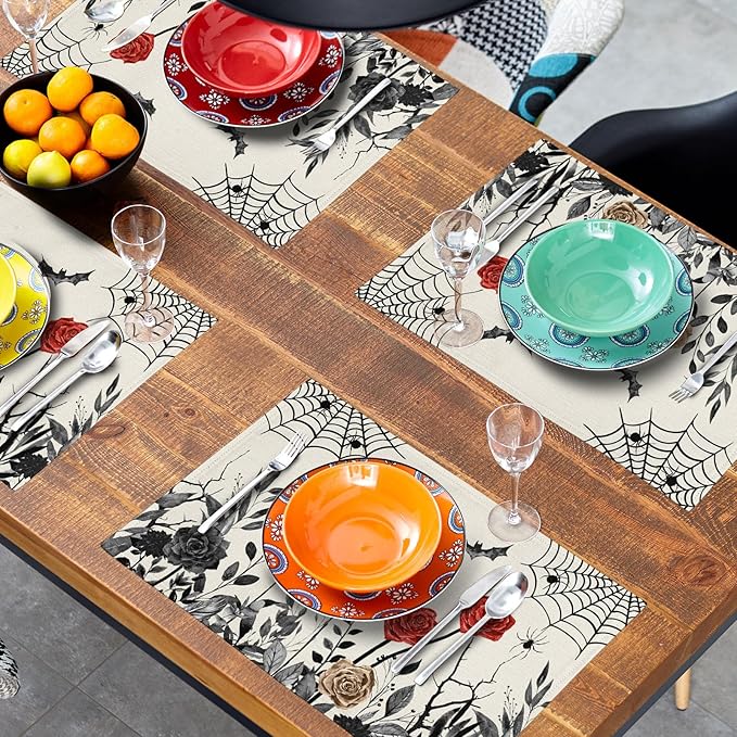 Halloween Placemats Set of 4 12x18 Inch Vintage Black Floral Bat Spider Web Washable Non-Slip Heat Resistant Place Mats Rustic Table Mats for Party Kitchen Dining Room Decor