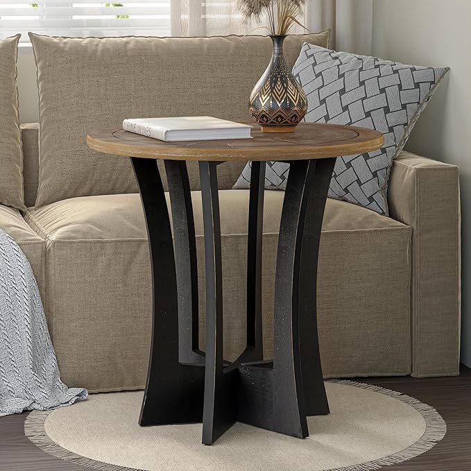 Farmhouse Round End Table X 2P with Criss-Cross Wood Legs, Rustic French Country Side Table for Dinning or Living Room, Modern, Black, Natural Wood, 23.62’’W*23.62’’D*23.22’’H