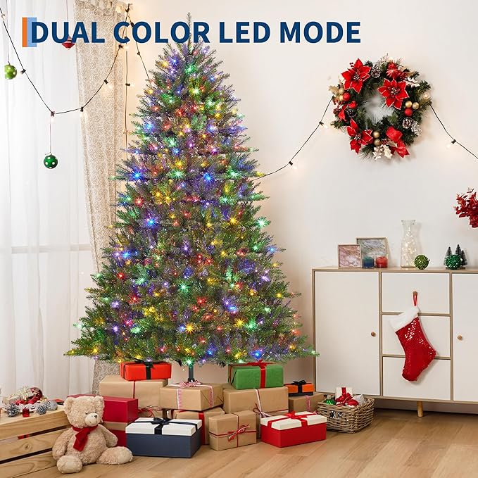 7.5FT Pre-Lit Artificial Christmas Tree with Color Lights,Green PE & PVC Artificial Xmas Tree,Easy Assembly, Full Branch Tips& Foldable Stand for Home, Office, Party Decoration for Xmas Holiday