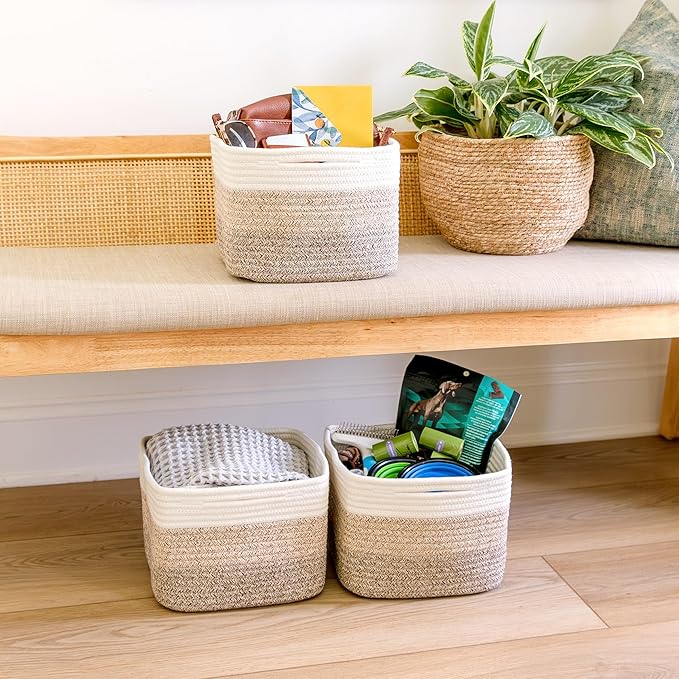NaturalCozy Storage Cubes 9”x9”x7”Cotton Rope Woven Baskets for Organizing 3-Pack | 9 Inch Cube Storage Bin | Small Basket for Shelf Nursery, Pantry, Decorative Plant, Bathroom Closet, Toy Gift